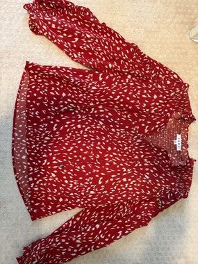 THML Red Printed Long-Sleeve Ruffle Neck Blouse